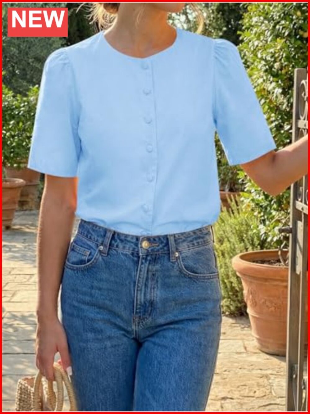 Women's Short Sleeve Button Down Shirt Lightweight Cotton Round Neck Casual - Picture 3 of 6